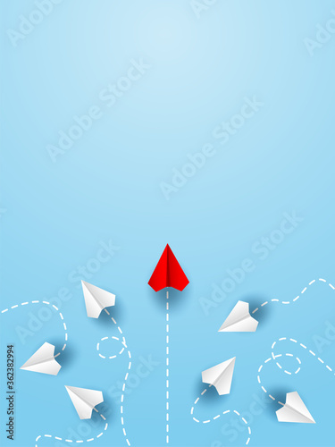Different business concept.Red paper plane changing direction from white paper plane. new ideas. paper art style. creative idea. vector ,illustration.