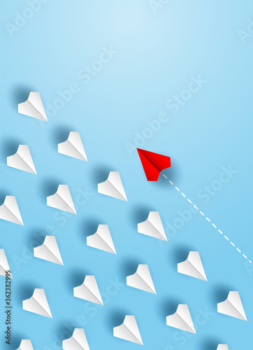 Different business concept.Red paper plane changing direction from white paper plane. new ideas. paper art style. creative idea. vector ,illustration.