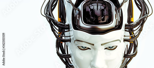 Foto Futuristic wired head of beautiful geisha robotic woman 3d rendering