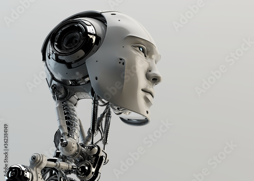 Stylish handsome cyborg head in profile / Futuristic man 3d rendering photo