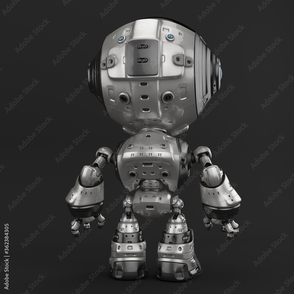 Stylish robotic character - silver colored charming fun bot, 3d rendering backwards Stylish robotic character - silver colored charming fun bot, 3d rendering backwards