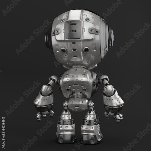 Stylish robotic character - silver colored charming fun bot, 3d rendering backwards