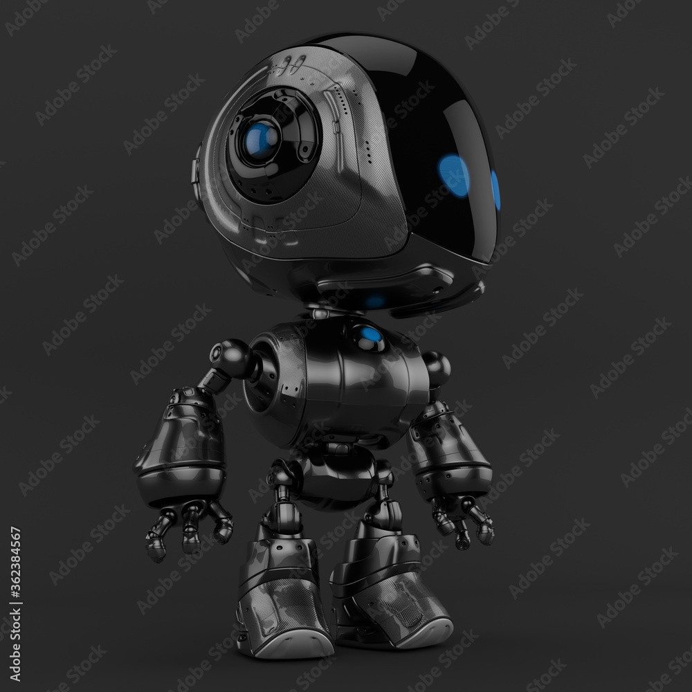 Stylish robotic character - black colored charming fun bot, 3d rendering in profile Stylish robotic character - black colored charming fun bot, 3d rendering in profile