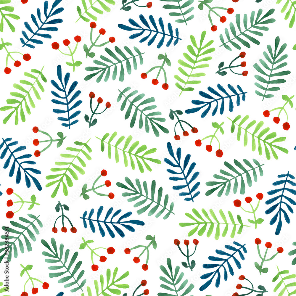 Watercolor seamless pattern with berries and branches. Hand drawing natural illustration in retro style. Endless print for wallpaper, wrapping paper, surface design, textile