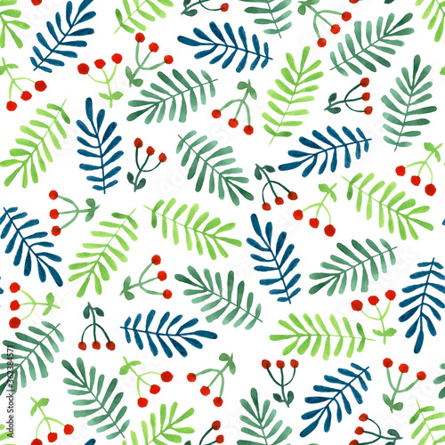 Watercolor seamless pattern with berries and branches. Hand drawing natural illustration in retro style. Endless print for wallpaper, wrapping paper, surface design, textile