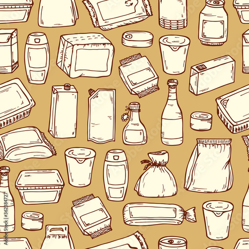 Product packaging Vector Seamless Pattern. Food and drink Packing. Hand Drawn doodle: cans and bottles, plastic boxes, cardboard and paper package blank objects