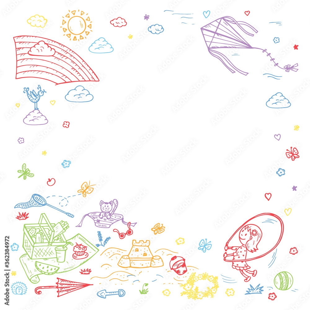 Childhood. Summer vacation. Hand drawn doodle little girl at the picnic. Background for kids. Children frame. Birthday Card Template Childhood. Summer vacation. Hand drawn doodle little girl at the picnic. Background for kids. Children frame. Birthday Card Template