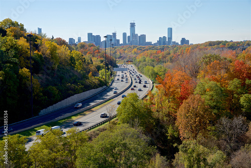 Photography High angle view of the colorful Don Valley Parkway traffic in autumn with the do