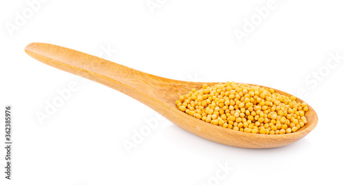 mustard seeds in spoon isolated on white background