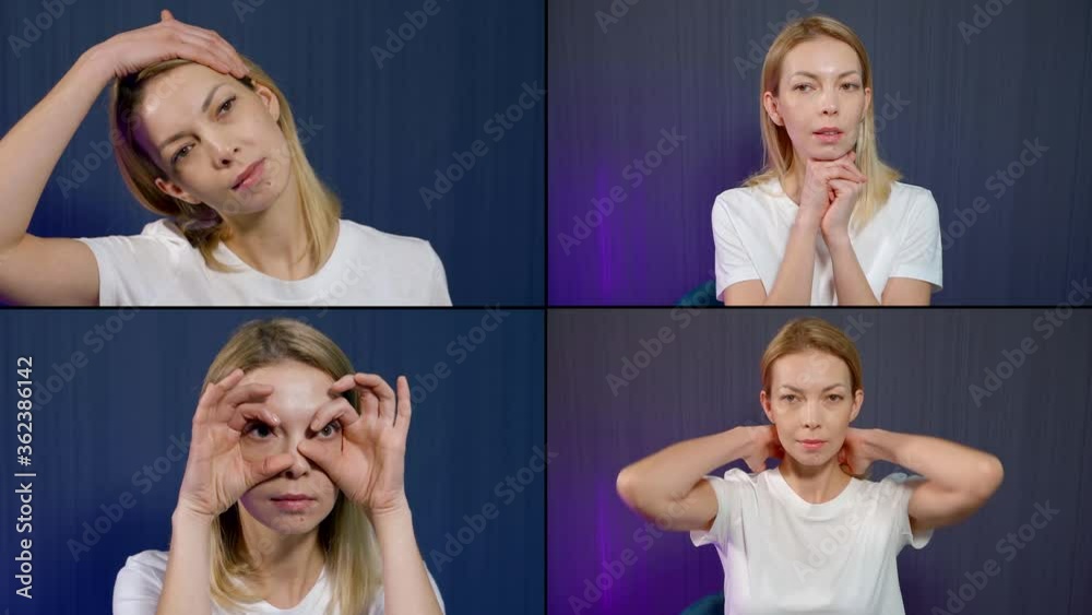 Collage portrait of a young blonde girl who on a blue background in the Studio shows how to do gymnastics for the face, massage the face, neck and head. Stretches the neck, removes the second chin. Collage portrait of a young blonde girl who on a blue background in the Studio shows how to do gymnastics for the face, massage the face, neck and head. Stretches the neck, removes the second chin.