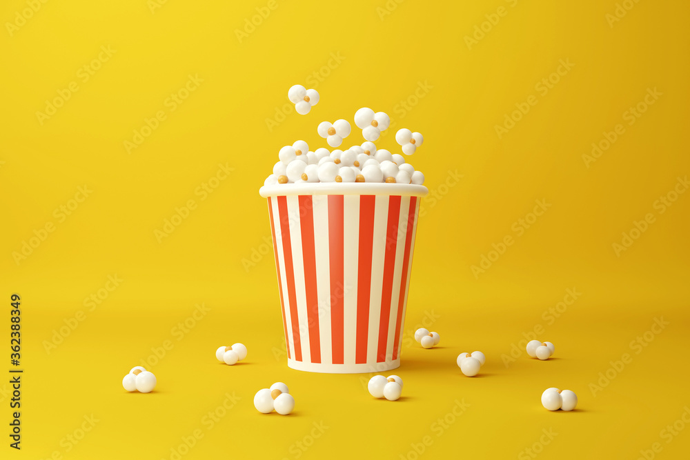 popcorn bucket on yellow background. movie snack. cinema concept. 3d rendering illustration.