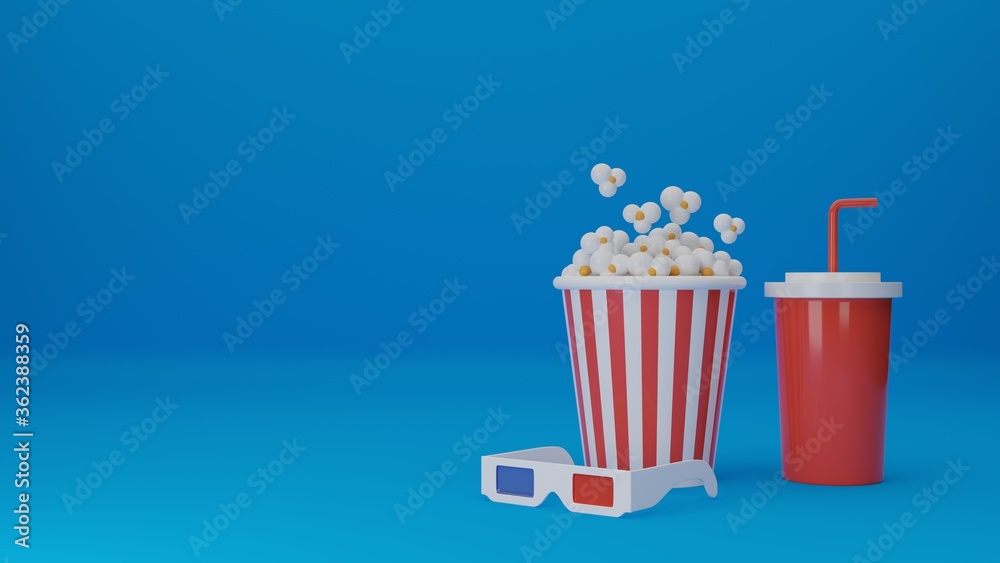 set of movie. popcorn, 3D glasses with disposable cup for beverages isolated on blue background. concept cinema theater. 3d rendering illustration.