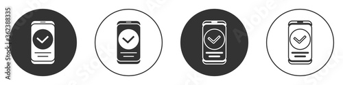 Black Smartphone, mobile phone icon isolated on white background. Circle button. Vector.