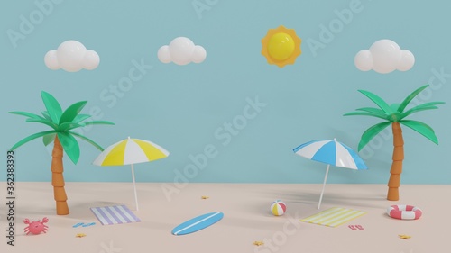 hello summer with beach landscape and sand on pastel blue background. 3d rendering illustration.