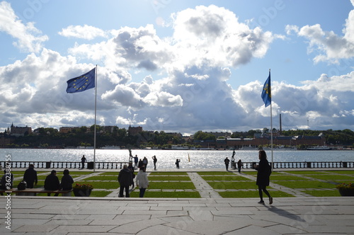 Canvas Print old town hall stockholm flags