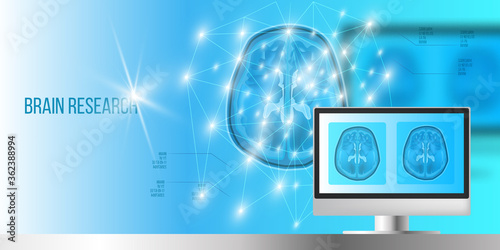 MRI human brain and neurosurgery science concept with monitor, polygons and bright neurons. Tumor and headache diagnostic technology banner in blue colors with blurred background.