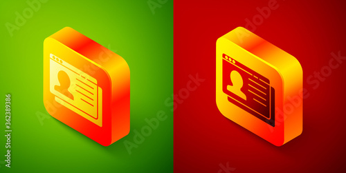 Isometric Resume icon isolated on green and red background. CV application. Searching professional staff. Analyzing personnel resume. Square button. Vector.