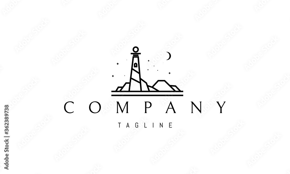 Vector logo on which an abstract image of a lighthouse on a background of the moon and stars in a linear style.