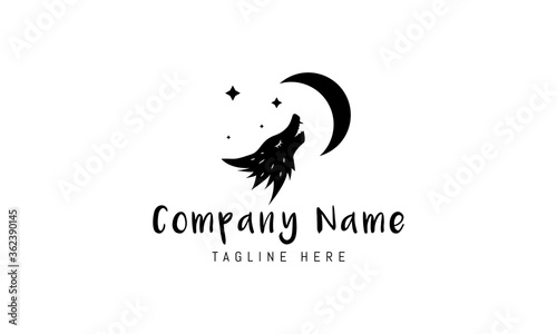 Vector logo on which an abstract image of a wolf howling at the moon.