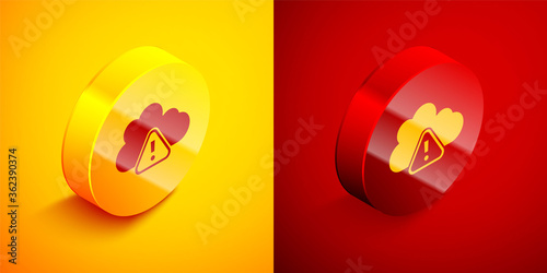 Isometric Storm warning icon isolated on orange and red background. Exclamation mark in triangle symbol. Weather icon of storm. Circle button. Vector. © Kostiantyn