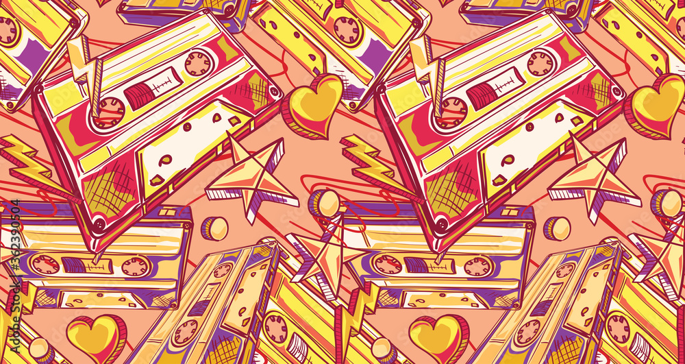 Obraz premium Funky drawn audio cassettes colorful seamless pattern