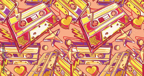 Funky drawn audio cassettes colorful seamless pattern
