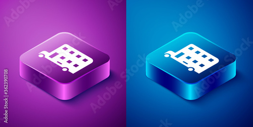 Isometric Double decker bus icon isolated on blue and purple background. London classic passenger bus. Public transportation symbol. Square button. Vector.