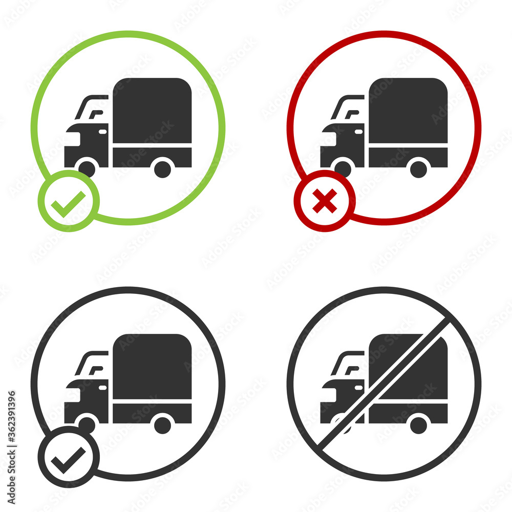 Black Delivery cargo truck vehicle icon isolated on white background. Circle button. Vector. Black Delivery cargo truck vehicle icon isolated on white background. Circle button. Vector.