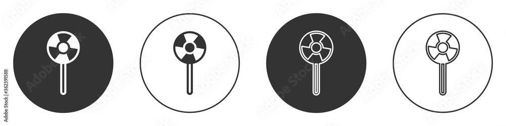 Black Lollipop icon isolated on white background. Candy sign. Food, delicious symbol. Circle button. Vector. Black Lollipop icon isolated on white background. Candy sign. Food, delicious symbol. Circle button. Vector.