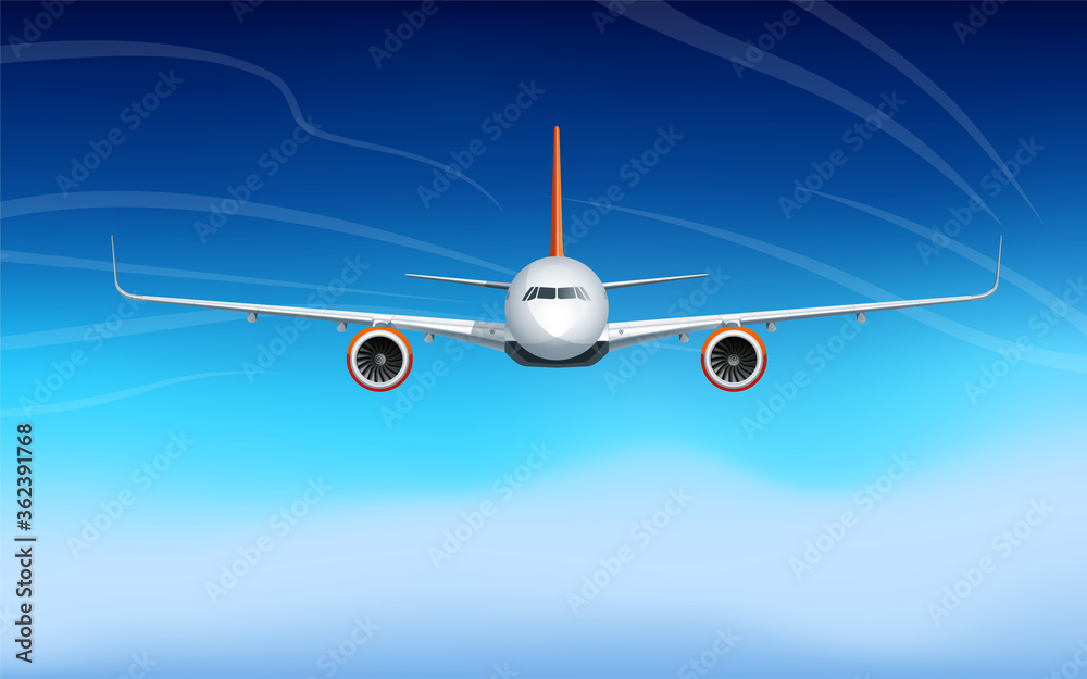 Passenger airplane flying at flight level high in the sky above the clouds and blue sky. View directly in front, exactly Passenger airplane flying at flight level high in the sky above the clouds and blue sky. View directly in front, exactly