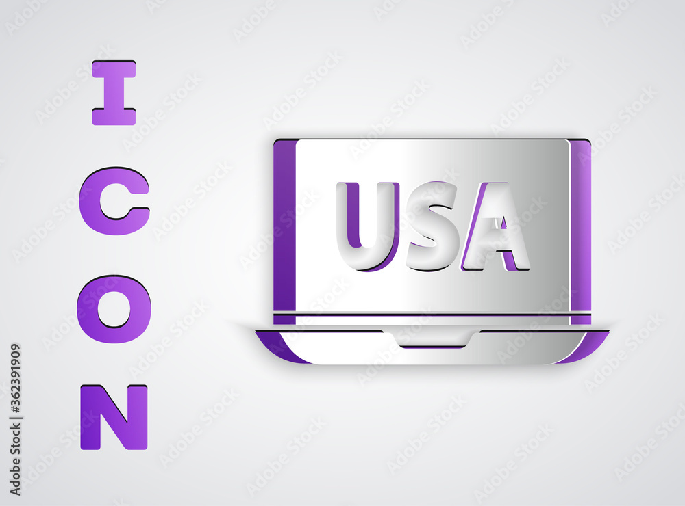 Paper cut USA United states of america on laptop icon isolated on grey background. Paper art style. Vector. Paper cut USA United states of america on laptop icon isolated on grey background. Paper art style. Vector.