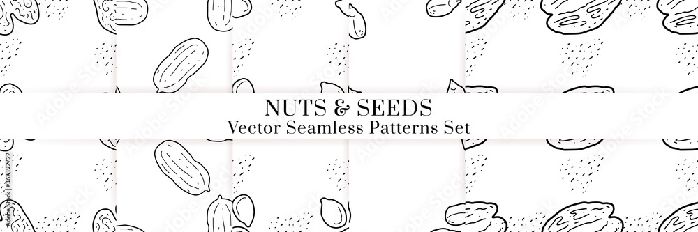 Fototapeta premium Nuts and seeds vector pattern. Outline hand drawn design
