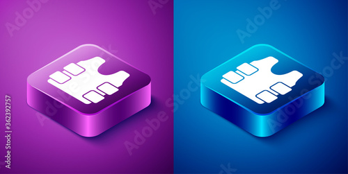 Isometric Bulletproof vest for protection from bullets icon isolated on blue and purple background. Body armor sign. Military clothing. Square button. Vector.