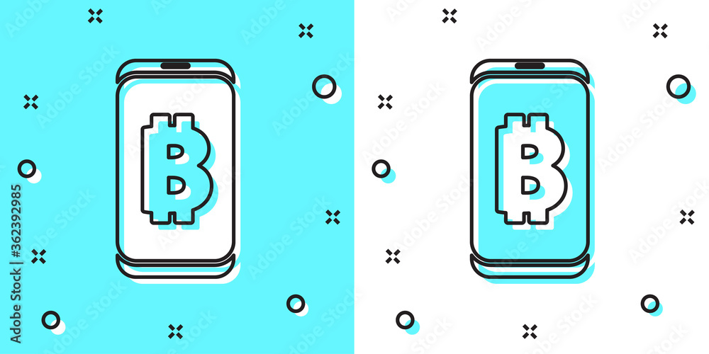 Black line Mining bitcoin from mobile icon isolated on green and white background. Cryptocurrency mining, blockchain technology service. Random dynamic shapes. Vector. Black line Mining bitcoin from mobile icon isolated on green and white background. Cryptocurrency mining, blockchain technology service. Random dynamic shapes. Vector.