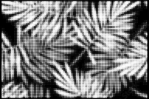 Tropical nature seamless pattern. Hand drawn silhouettes, line art, half tones of palm leaves background for textile, fabric, wallpaper. Vector art illustration in retro black white colors