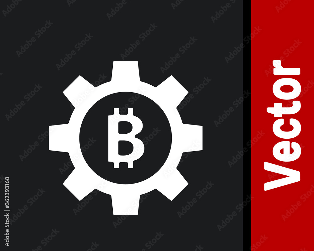 White Cryptocurrency coin Bitcoin icon isolated on black background. Gear and Bitcoin setting. Blockchain based secure crypto currency. Vector. White Cryptocurrency coin Bitcoin icon isolated on black background. Gear and Bitcoin setting. Blockchain based secure crypto currency. Vector.