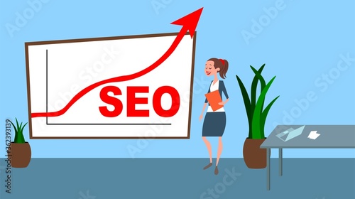 SEO increase red graph with business women