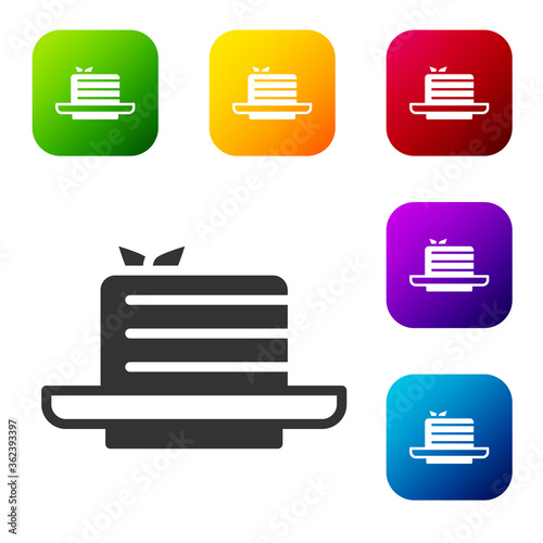 Black Medovik icon isolated on white background. Honey layered cake or russian cake Medovik on plate. Set icons in color square buttons. Vector.