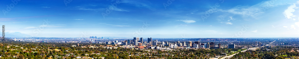 Panorama view of Los Angeles icity skyline in a sunny day. Los Angeles, California, USA.