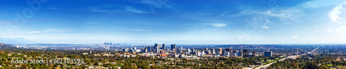 Panorama view of Los Angeles icity skyline in a sunny day. Los Angeles, California, USA.
