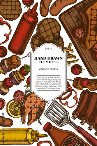 Card design with colored spatula, Pork ribs, kebab, sausages, steak, sauce bottles, grilled burger patties, grilled tomato, grilled salmon steak, grilled bell pepper