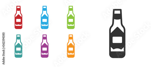 Black Tabasco sauce icon isolated on white background. Chili cayenne spicy pepper sauce. Set icons colorful. Vector.