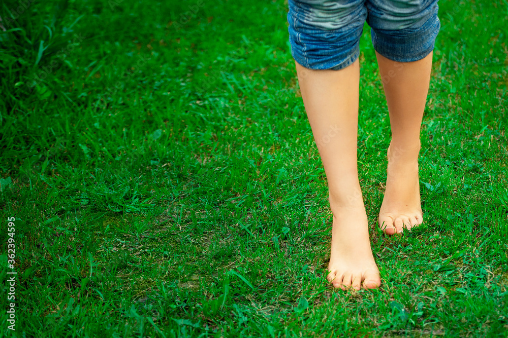 barefoot on the grass, barefoot beautiful female legs in tucked jeans go on toes on the green grass