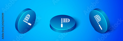 Isometric Butterfly net icon isolated on blue background. Blue circle button. Vector.