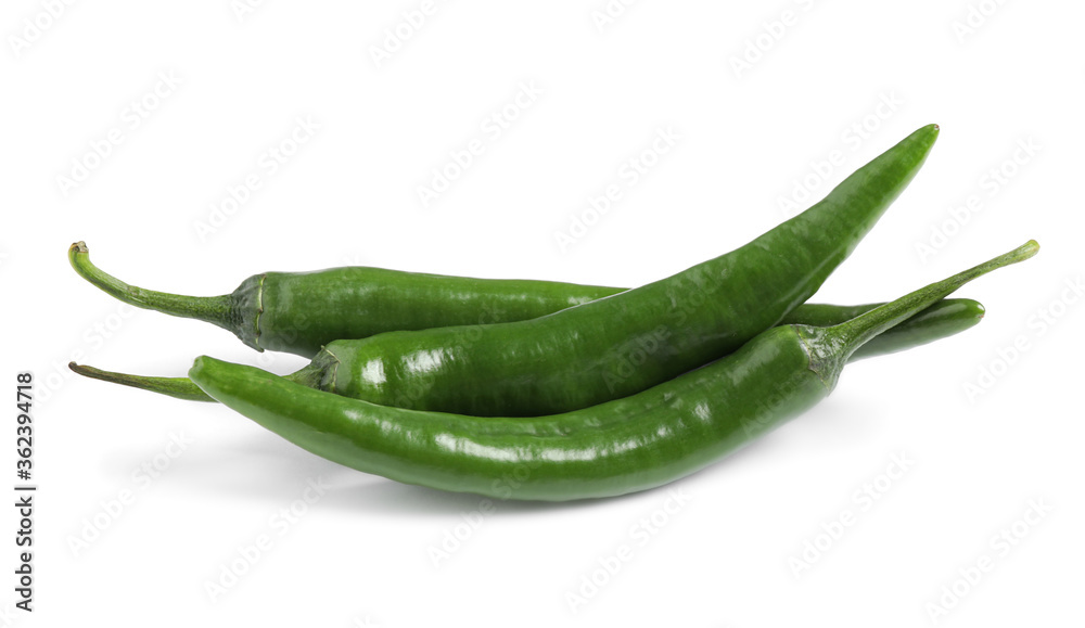 Green hot chili peppers on white background Green hot chili peppers on white background