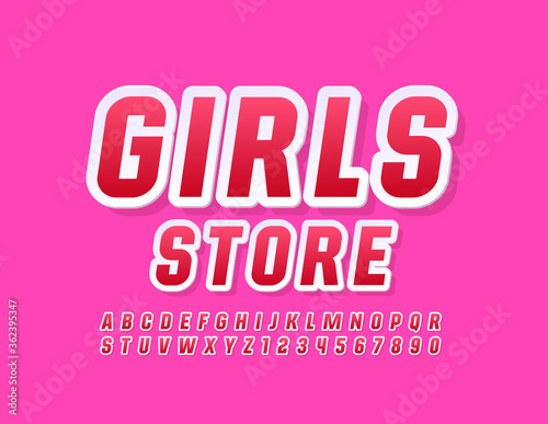 Vector trendy banner Girls Store. Modern Red and White Font. Bright Alphabet Letters and Numbers