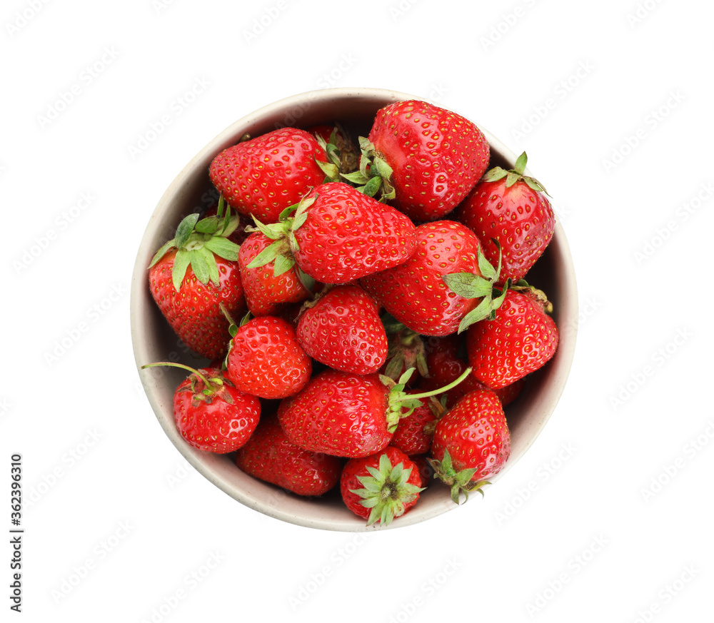 Ripe strawberries in bowl isolated on white, top view Ripe strawberries in bowl isolated on white, top view