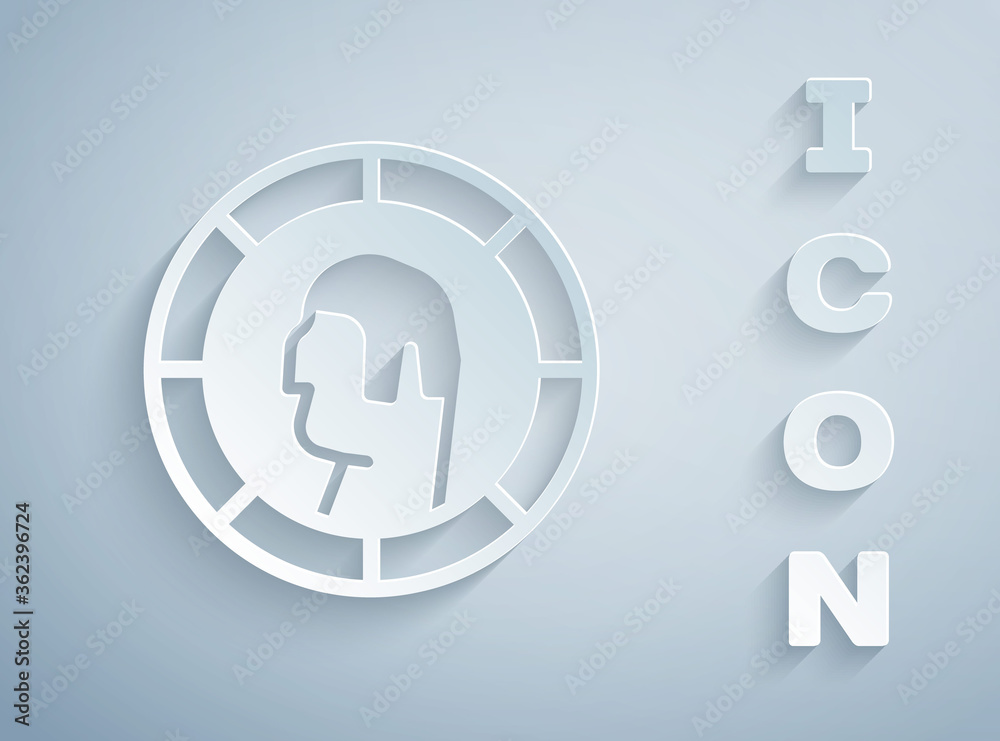 Paper cut Ancient Greek coin icon isolated on grey background. Paper art style. Vector. Paper cut Ancient Greek coin icon isolated on grey background. Paper art style. Vector.