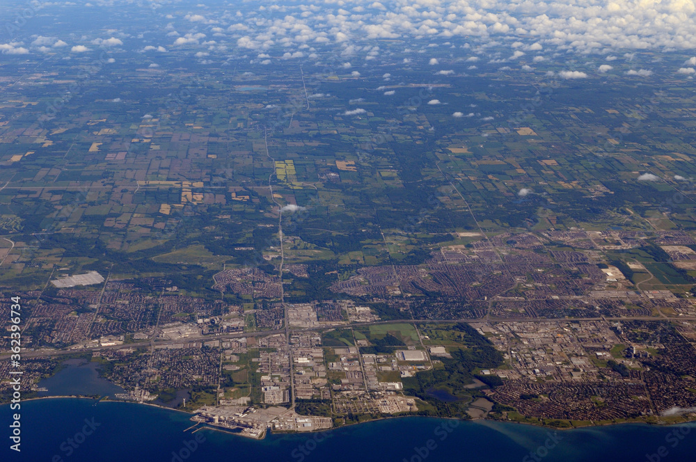 Aerial view of Pickering and the Nuclear Generating Station on Lake Ontario