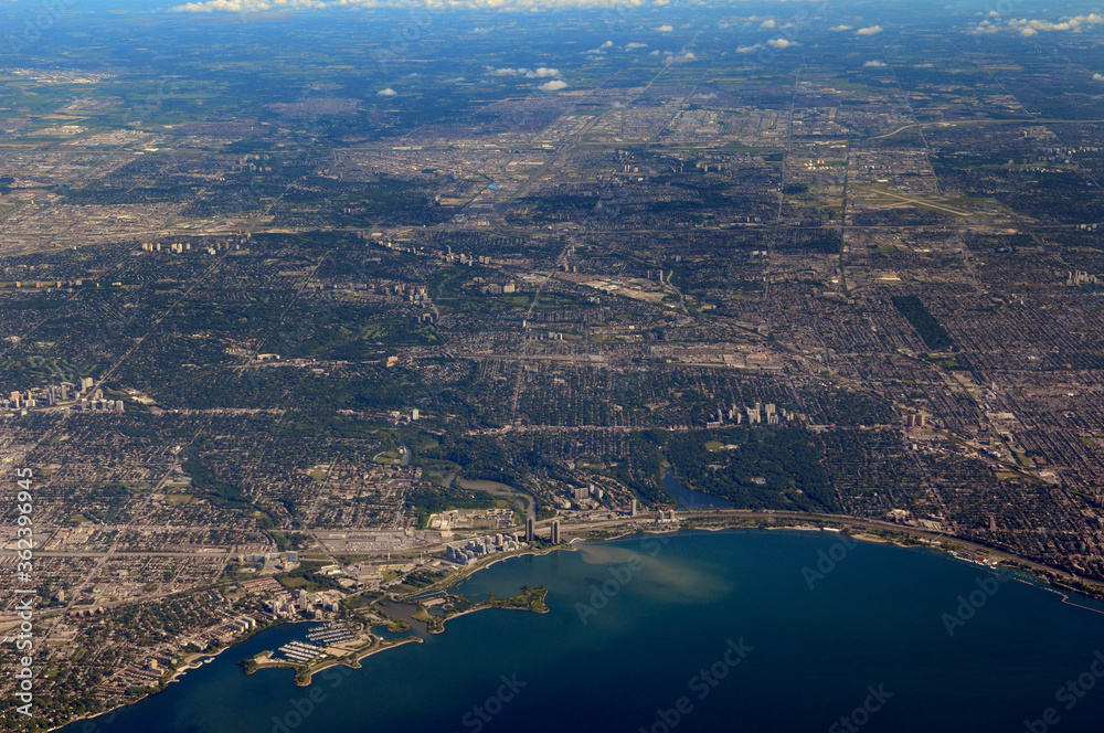 Aerial view of Toronto Humber River and Mimico Creek at Humber Bay and High Park